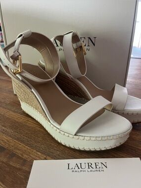 Ralph Lauren Cream Espadrille Wedge Sandals with Ankle Strap Hilarie Snow White